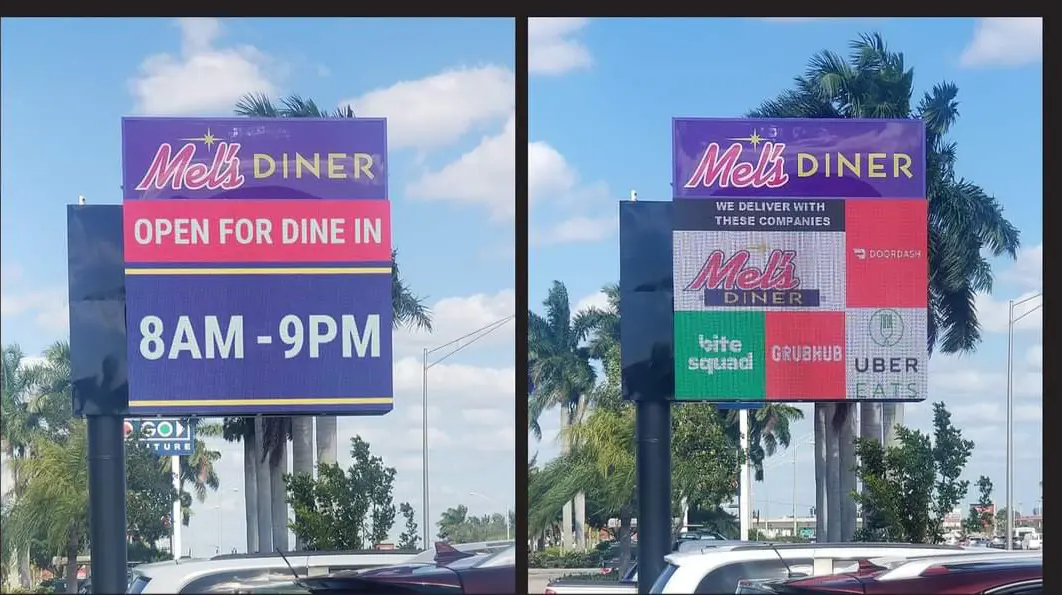 Two different times of the same sign on a street.