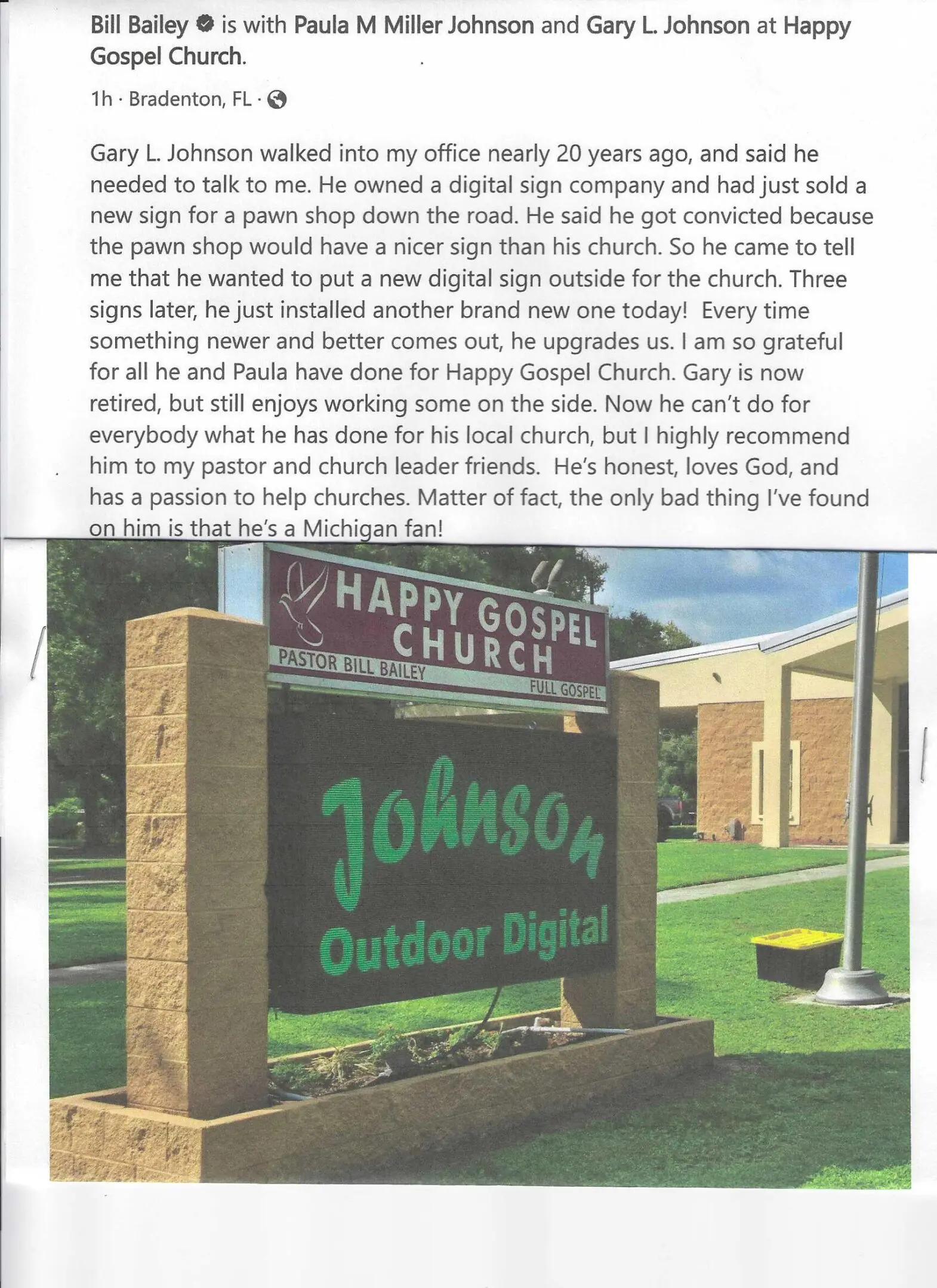 A picture of the outside sign for johnson 's outdoor display.